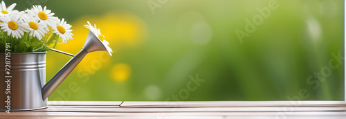 banner free space for text Decorative watering can vase with wildflowers white daisies on a wooden wet window fogged glass with drops after summer rain in spring 2/3 free space for text  photo