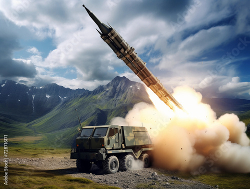 panoramic view of a generic military battalion defense system shooting missiles during a special operation, wide poster design with copy space area  photo