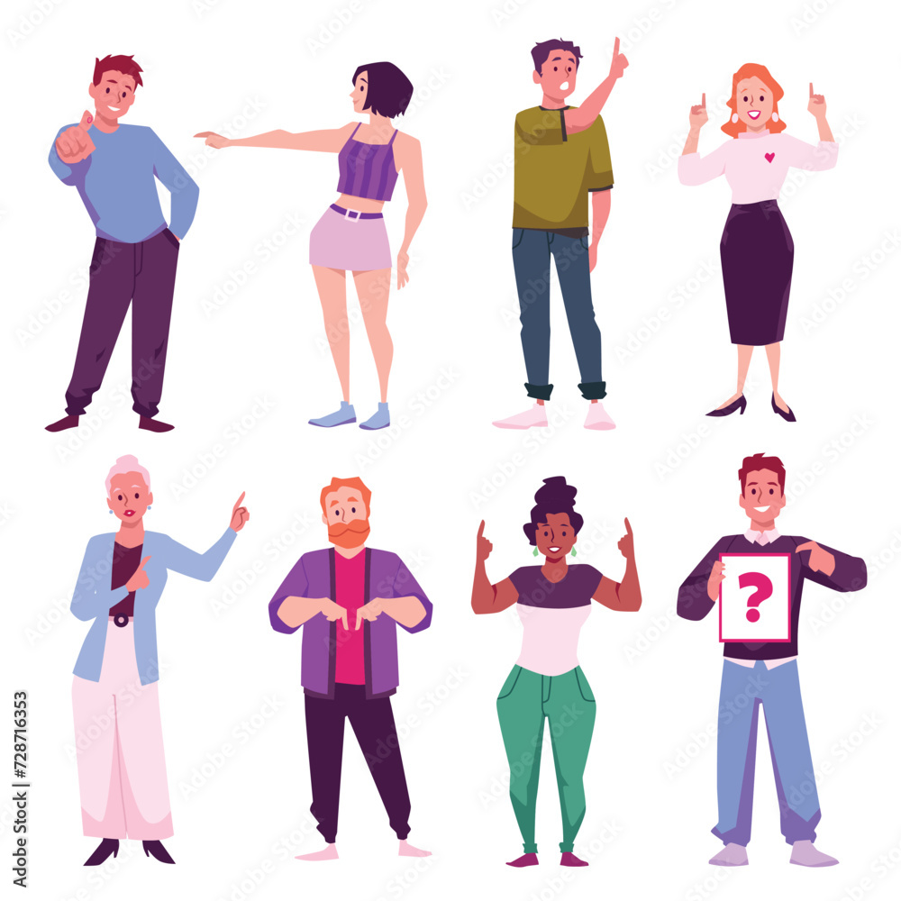 Fototapeta premium People point finger, set of cartoon vector illustrations on white
