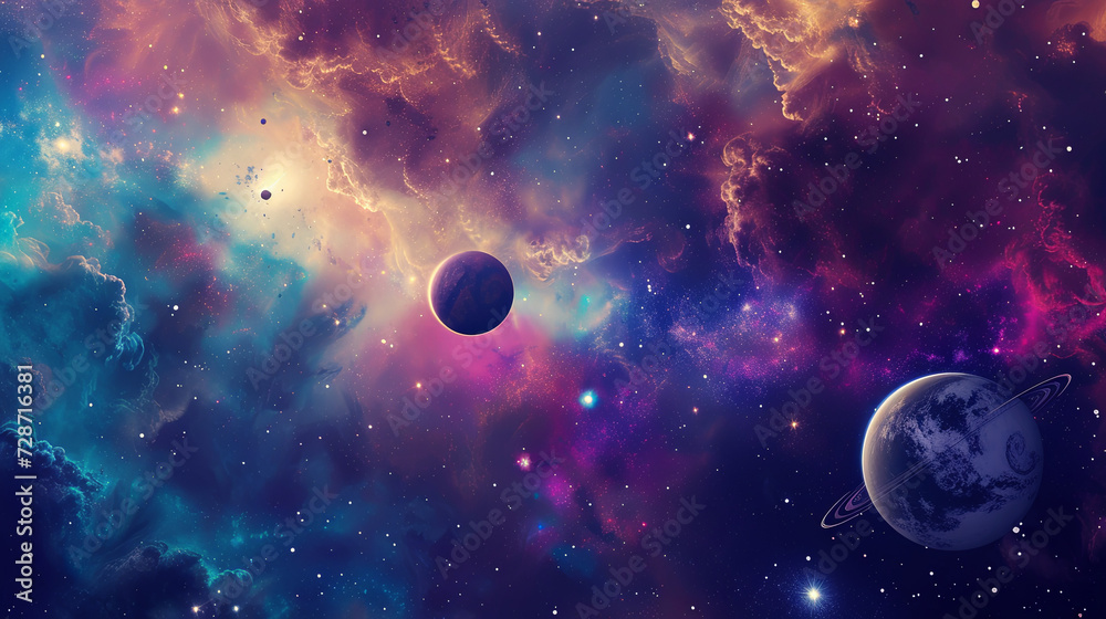 Vibrant watercolor cosmic scene with planets and nebulae, wallpaper, planets, paint