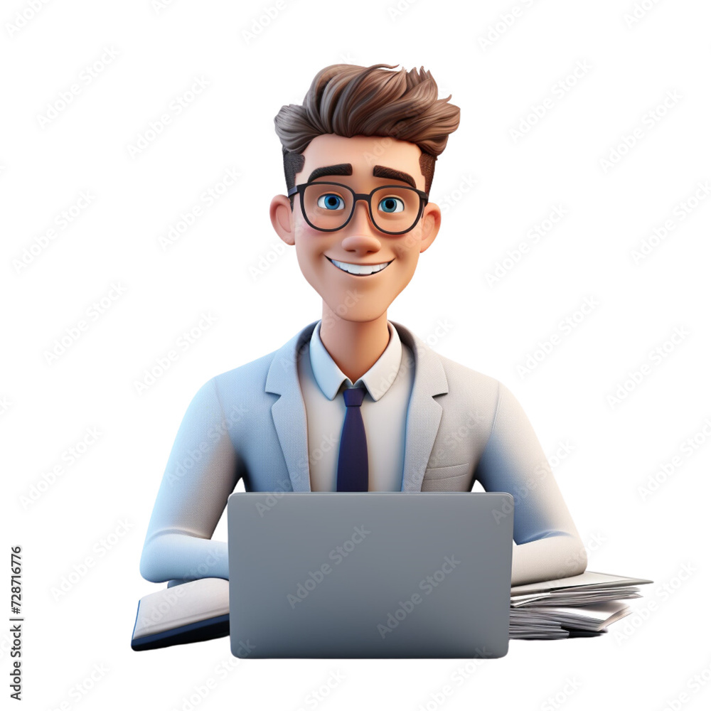3d a businessman sitting on a sofa with leptop on isolated transparent background png, generated with AI