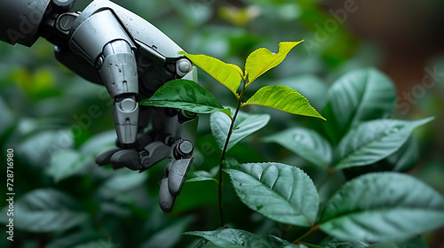 Environmental technology anc eco concept. Robot hand holding small plants with white background Artificial Intelligence and Technology ecology Green technology and Environmental technology. SDGs. photo