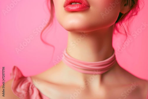 Close up female neck  collarbones isolated on pink studio background.