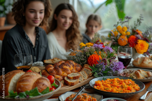 whole family gathered around the table at Easter dinner in the spring