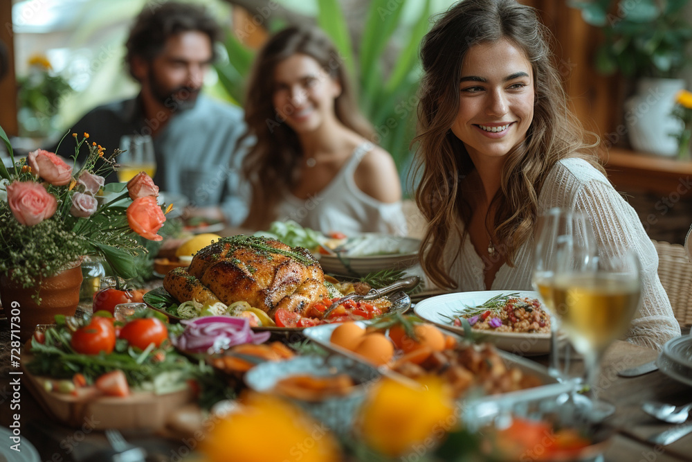 whole family gathered around the table at Easter dinner in the spring whole family gathered around the table at Easter dinner in the spring