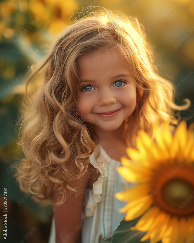 Fototapeta premium Girl with long hair and a sunflower. A beaming young girl with long golden hair stands outdoors, her face adorned with a delicate sunflower as she radiates pure joy and innocence in her bright yellow 