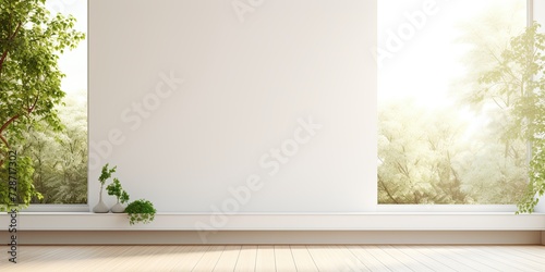 Contemporary, uncluttered room with big windows and foliage. photo
