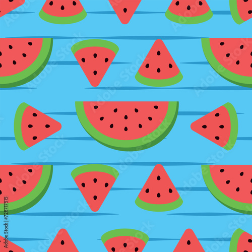 Simple Pattern of Cut Watermelons in Blue Background. Seamless Link.