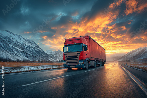 European-type truck driving on the road in sunset time