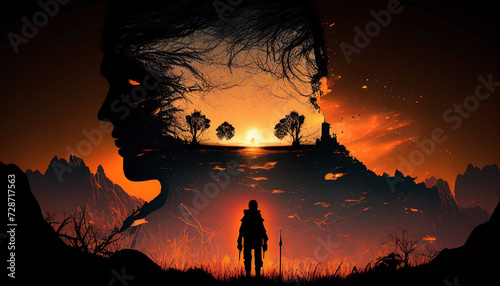 A man stands against a human silhouette with a sunset landscape in the background. AI Generated