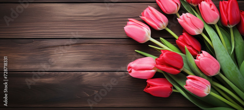 Red Tulips on Dark Wooden Background