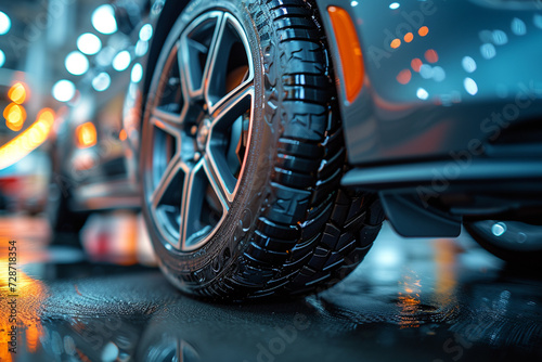 Modern and new car in dealer service, close-up view on wheels