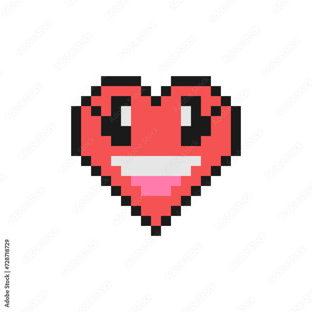Grinning face with big eyes. Pixel style heart emoji. Smiling face. Grinning face with big eyes. Pixel style heart emoji. Smiling face.