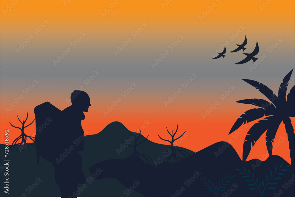 Vector illustration of a mountain peak at dusk.
