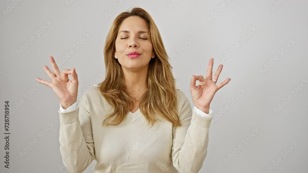 Glowing beautiful latin woman enjoying her zen moment - young adult embracing wellness with a relaxing yoga pose, closed eyes in meditation gesture, on pure white isolated background Glowing beautiful latin woman enjoying her zen moment - young adult embracing wellness with a relaxing yoga pose, closed eyes in meditation gesture, on pure white isolated background
