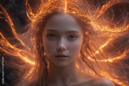 Close-up shot of an angelic girl emerging from light, delicate and fragile, hair burns and glows, mesmerizing intricacy