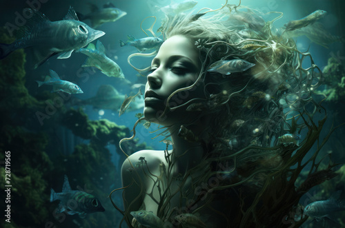 a photo of a girl who lives underwater in an underwater world among fish and algae
