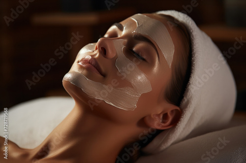 photo of Woman with eyes closed and white facial mask on face in SPA
