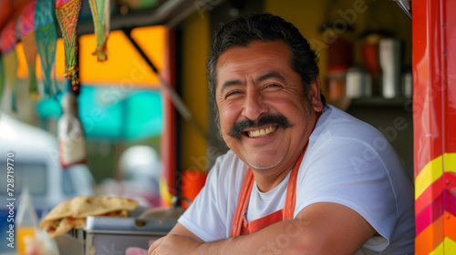 Portrait of happy plump middle aged Mexican chef man smiling near his food truck with copy space.