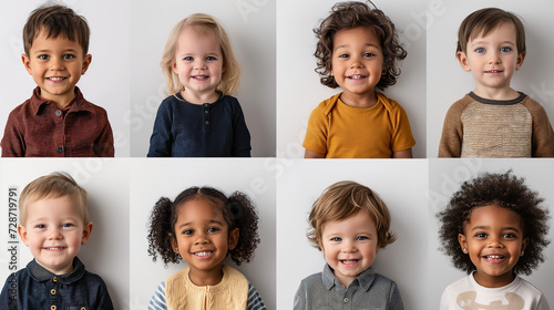Kindergarten portrait of multiracial smiling different toddler boys and girls. Happy children faces in mosaic collection. Adorable kids diversity concept photo