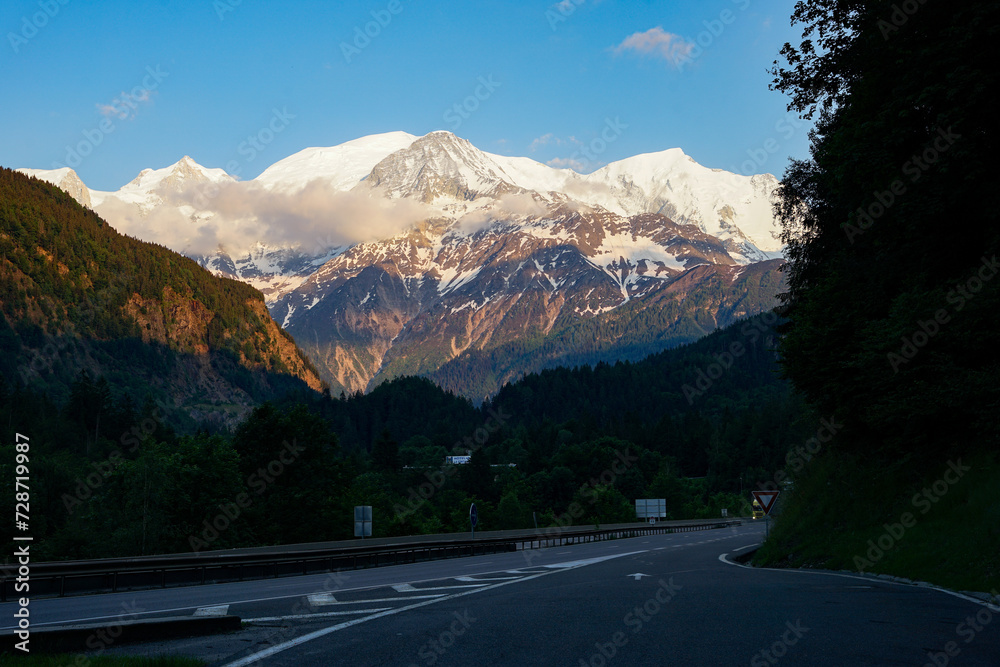 Mont Blanc above highway, highest mountain in Alps and Western Europe with elevation 4809 m, popular climbing mountain lies between France and Italy