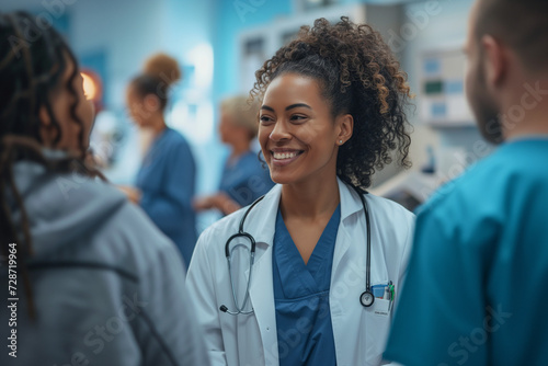 Black female doctor wearing medical uniform is smiling in a hospital. Beautiful African female surgeon wearing scrubs is smiling talking to patients