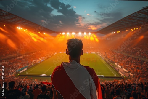 Soccer fan or football fan with flag at cheering while winning match. Generative AI © itchaznong