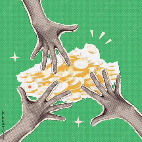Composite halftone collage picture of hands greedily reach for a pile of gold coins. Trendy mixed media y2k Vector illustration.