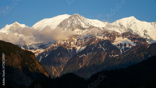 Mont Blanc  highest mountain in Alps and Western Europe with elevation 4809 m  popular climbing mountain lies between France and Italy
