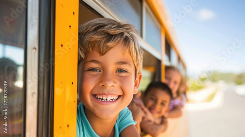Happy children, elementary school students, lean out of the windows of a school bus. Back to school.