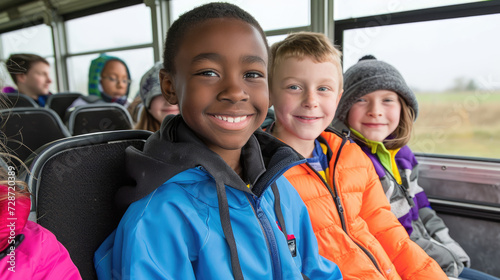 Happy elementary school students sit on the seats of a school bus that goes to school.