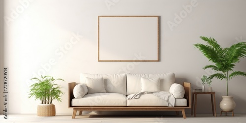 Contemporary living room decor with poster frame  sofa  coffee table  plant  pillow  and accessories.