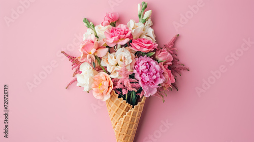 Waffle cone filled with beautiful flowers on a pink background with copy space for text. View from above.