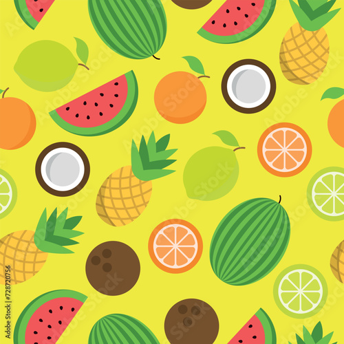 Fototapeta Naklejka Na Ścianę i Meble -  Pattern of Various Summer Fruits - Half and Whole Oranges, Lemons, Coconuts, Pineapples and Watermelons on Yellow Background. Seamless link.
