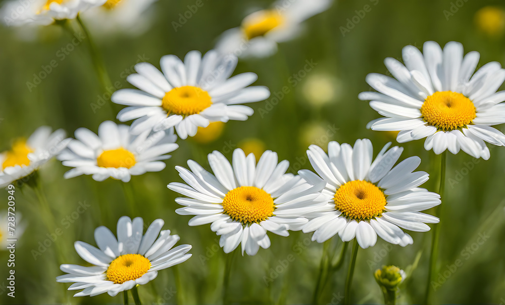 Sunny spring field: Vibrant camomile flowers under the sun Sunny spring field: Vibrant camomile flowers under the sun