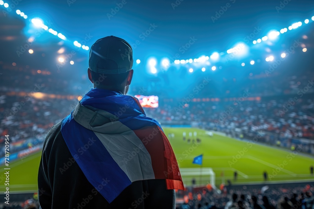 Soccer fan or football fan with flag at cheering while winning match. Generative AI Soccer fan or football fan with flag at cheering while winning match. Generative AI