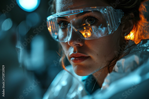 Female scientist with protective goggles in laboratory. Focused Scientist Working in a Modern Lab