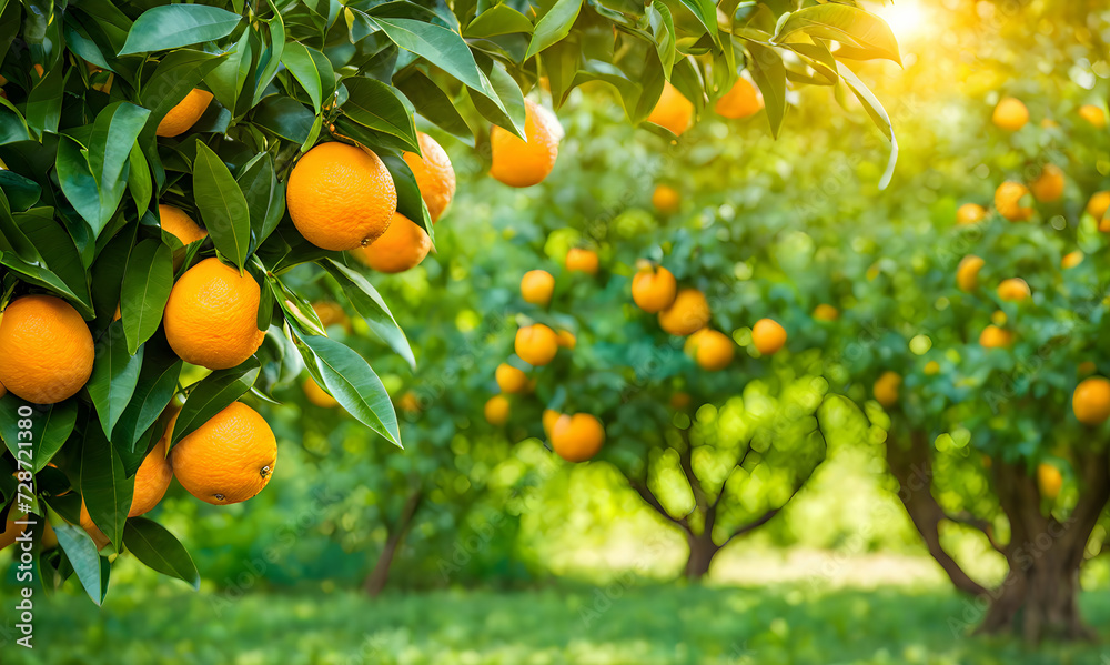 Abundant orange tree with ripe oranges in focus foreground, garden setting background Abundant orange tree with ripe oranges in focus foreground, garden setting background