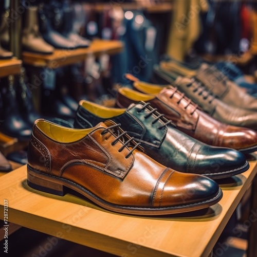 Variety of men's leather shoes neatly arranged on a shelf in a second-hand store.