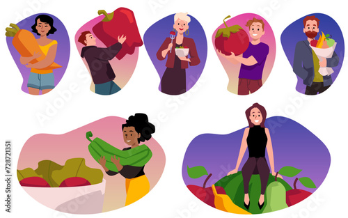 Set of happy people with huge fruits and vegetables flat style