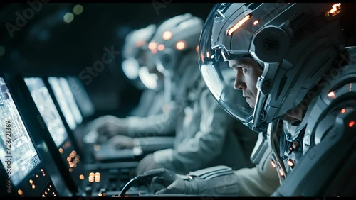 Team of astronauts in a space suits aboard the orbital station. A crew of cosmonauts piloting the spaceship. People in space. The concept of galactic travel and science.