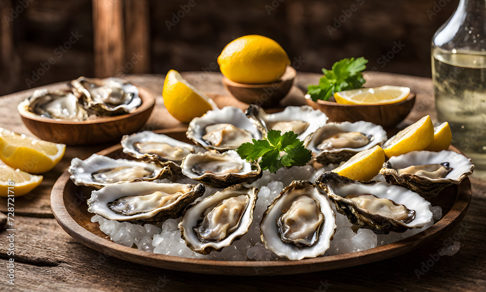 Plate of freshly shucked oysters on ice with lemon Plate of freshly shucked oysters on ice with lemon