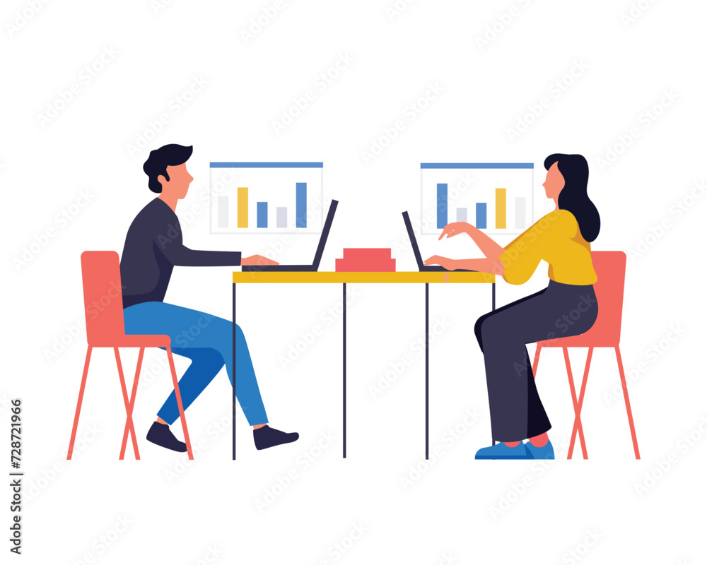 Man and woman at work. Couple sitting in office and looking for information on Internet. Computer work, discussion. Employees, workflow. Flat vector illustration isolated on white background