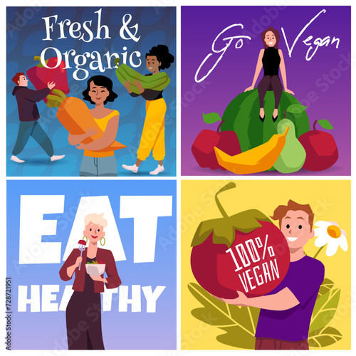 Set of squared banners about vegan people flat style, vector illustration