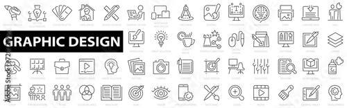 Graphic design 50 icons set. Simple linear icons in a modern style flat. Creative Process symbol. Graphic design, creative package, stationary, software, editing, freelance and more. photo