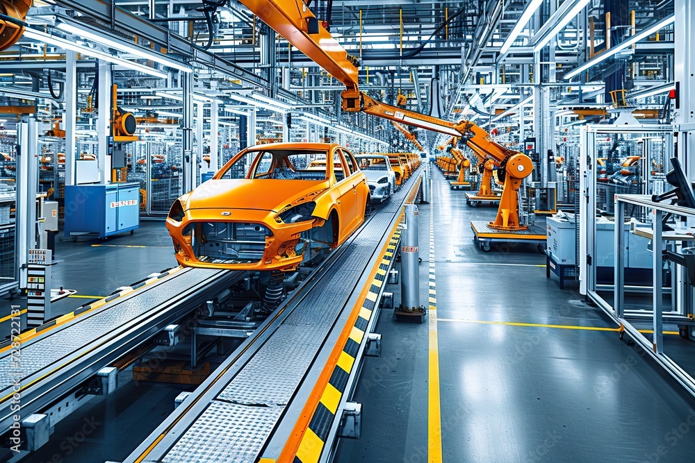 Precision at Work A Glimpse Inside a Modern Car Manufacturing Plant with Robots Assembling an Orange Vehicle