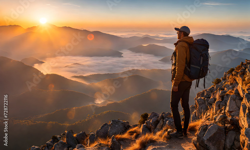 Solo traveler with a backpack standing on a mountain peak at sunrise photo