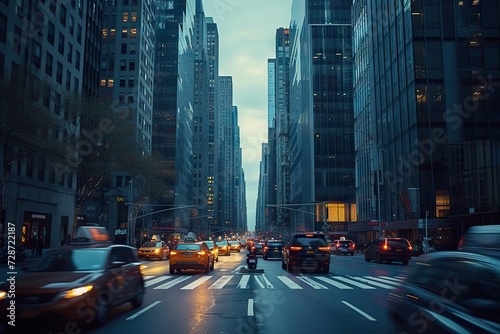 Evening Rush A Bustling New York City Street with Skyscrapers, Illuminated Cars, and Pedestrian Crosswalk Under the Soft Glow of Dusk © photobuay