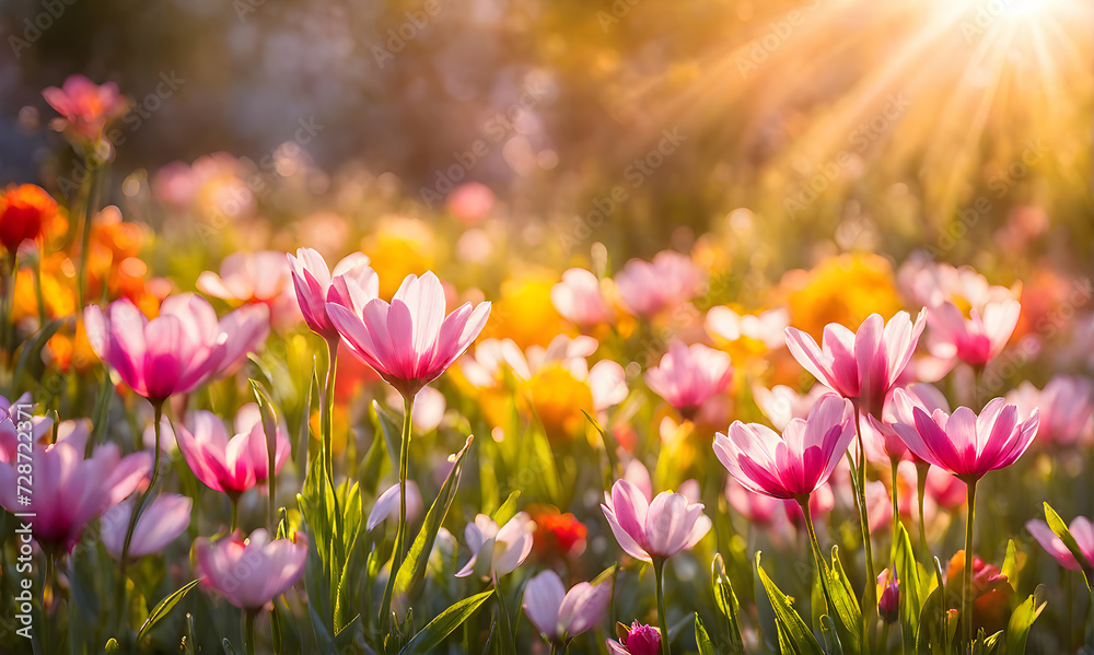 Sunny spring field: Vibrant flowers under the sun Sunny spring field: Vibrant flowers under the sun