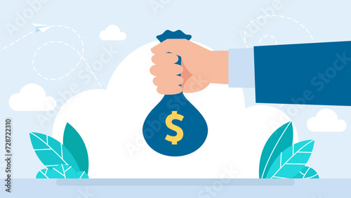 Man hand giving and holding money. Bribery money bag. Business person arm receiving cash bag gift or salary, credit grant or loan give with bank person as win prize. Bribery. Vector illustration